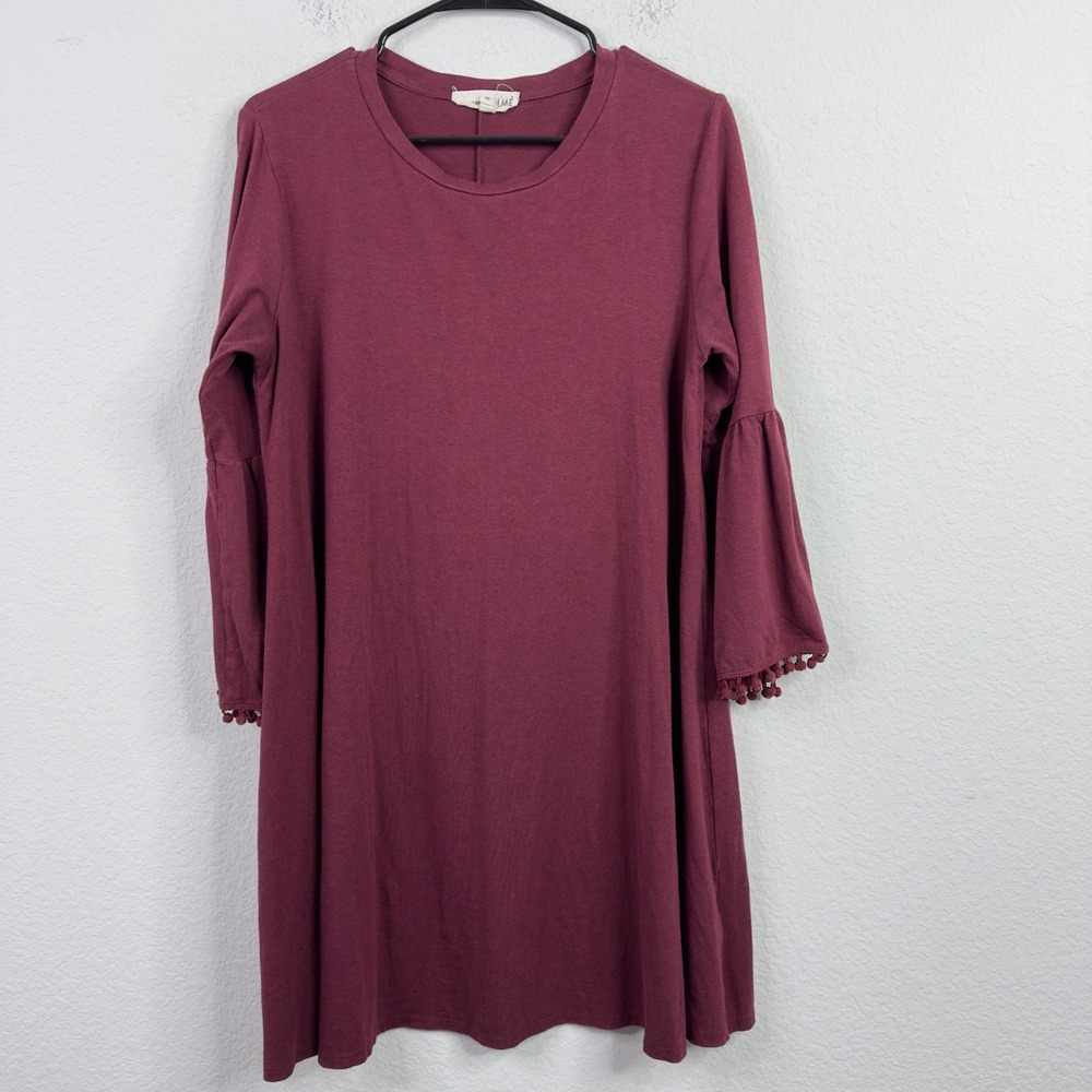 Johnny Was Calme Dress Womens M Burgundy Bamboo Bell Sleeve‎ Boho Minimalist